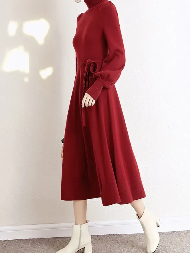 Women's Red Christmas Dress Sweater Dress Jumper Dress Midi Dress Warm Fashion Casual Plain Outdoor Christmas Daily Vacation Turtleneck Long Sleeve Lace up 2023 Regular Fit Black Wine Blue One Size