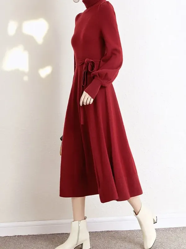Women's Red Christmas Dress Sweater Dress Jumper Dress Midi Dress Warm Fashion Casual Plain Outdoor Christmas Daily Vacation Turtleneck Long Sleeve Lace up 2023 Regular Fit Black Wine Blue One Size