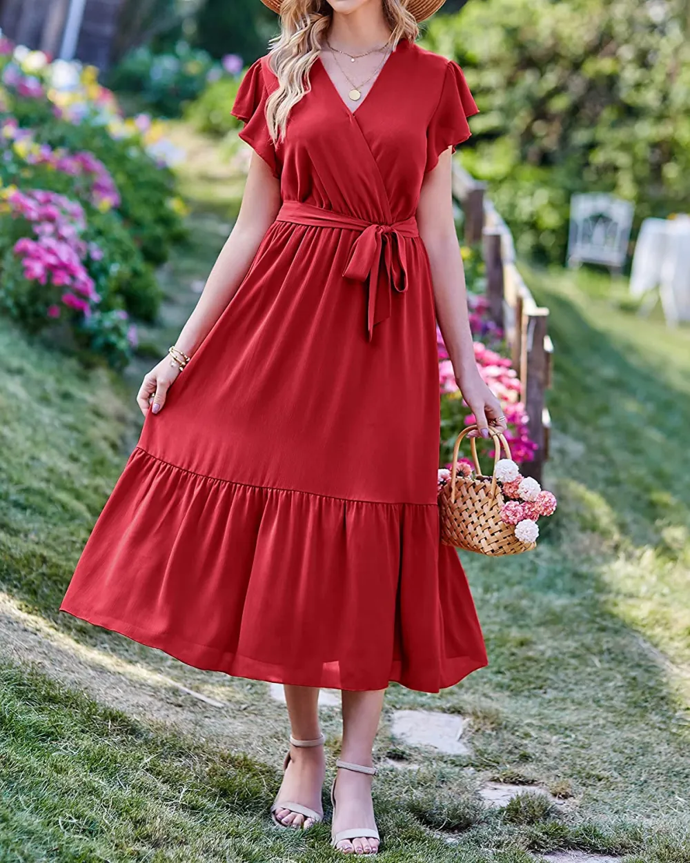 Women Summer Bohemian Floral Casual Wrap V Neck Ruffle Cap Sleeveless Belt A-Line Pleated Hem Swing Midi Sun Dress