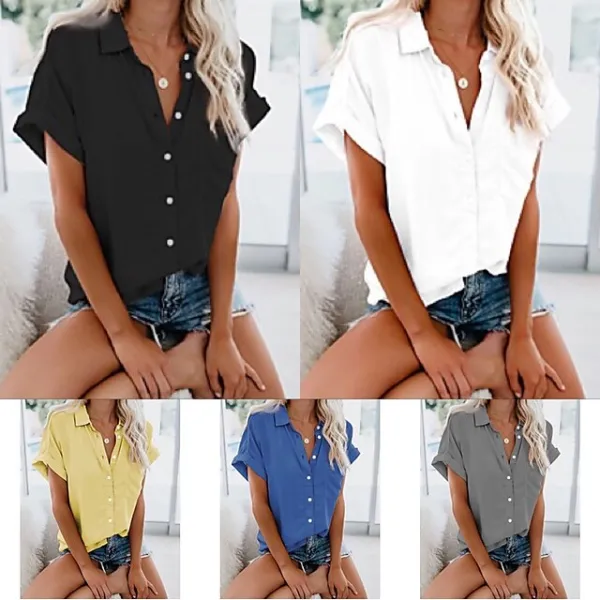 Women's Shirt Blouse Black White Yellow Plain Short Sleeve Work Basic Business Elegant Shirt Collar Regular S