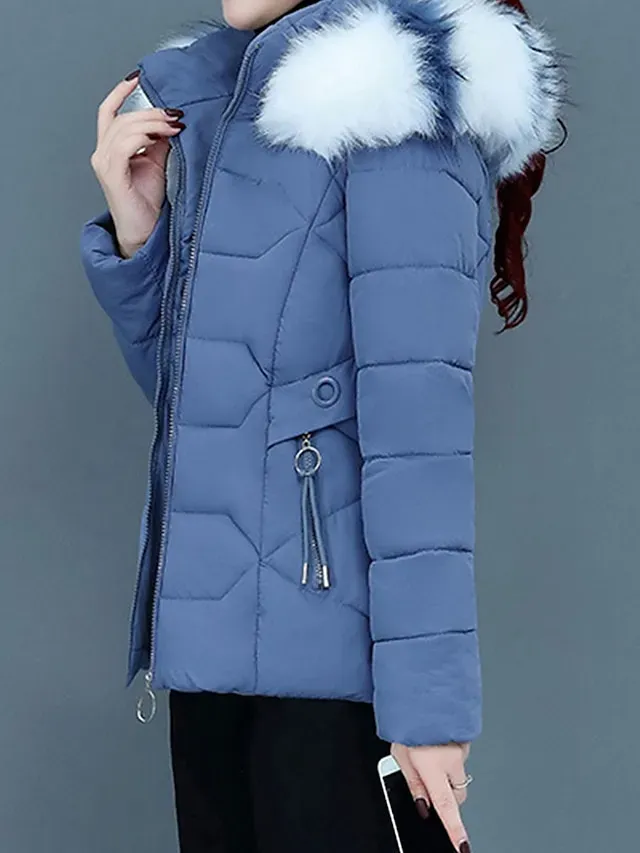Women's Parka Cropped Puffer Jacket Winter Coat Zip up Hooded Coat with Removable Fur Collar Thermal Warm Heated Coat Fall Outerwear with Pockets Warm Classic Long Sleeve Blue