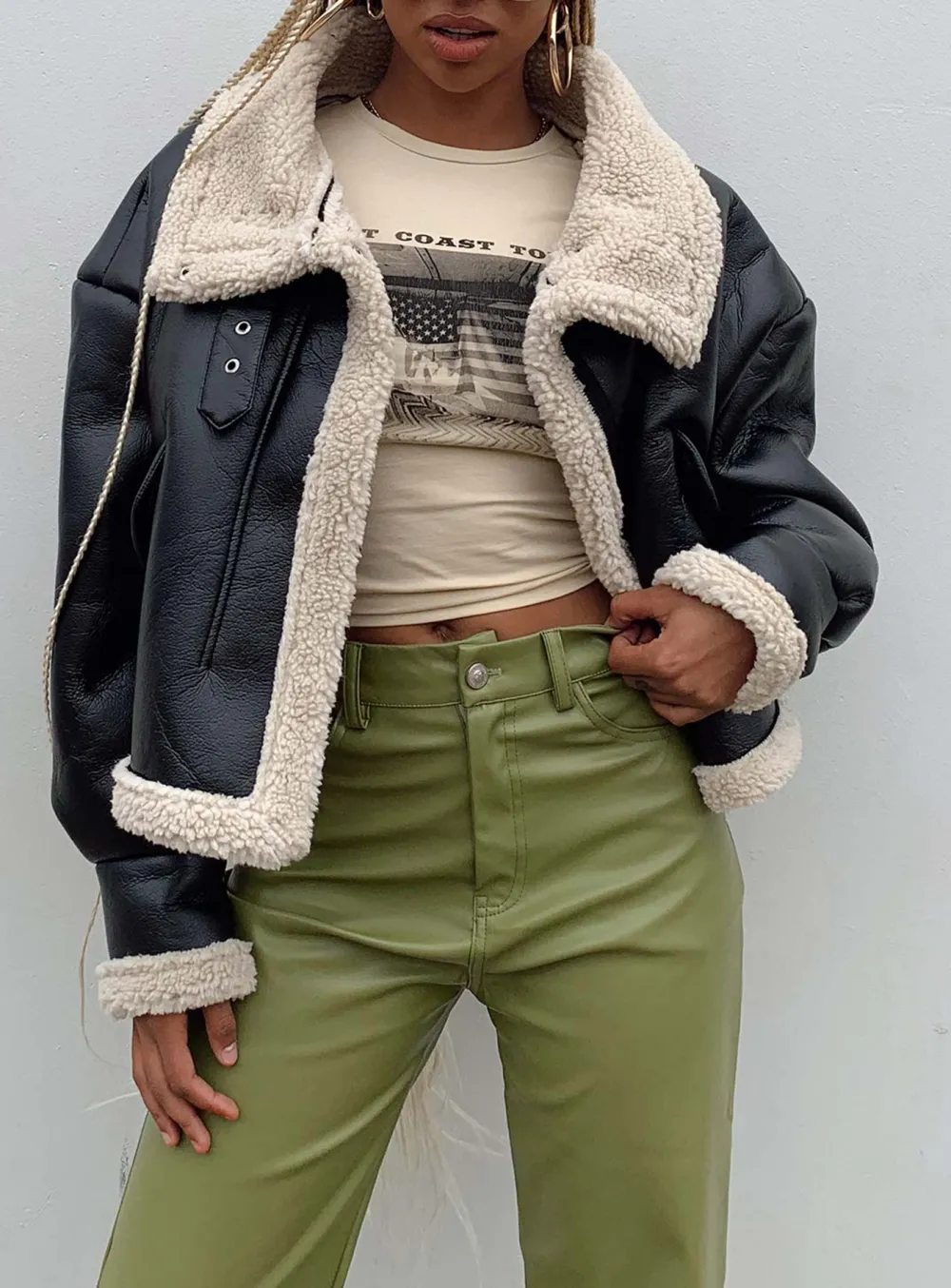 Black Faux Leather Jacket with Shearling Trim