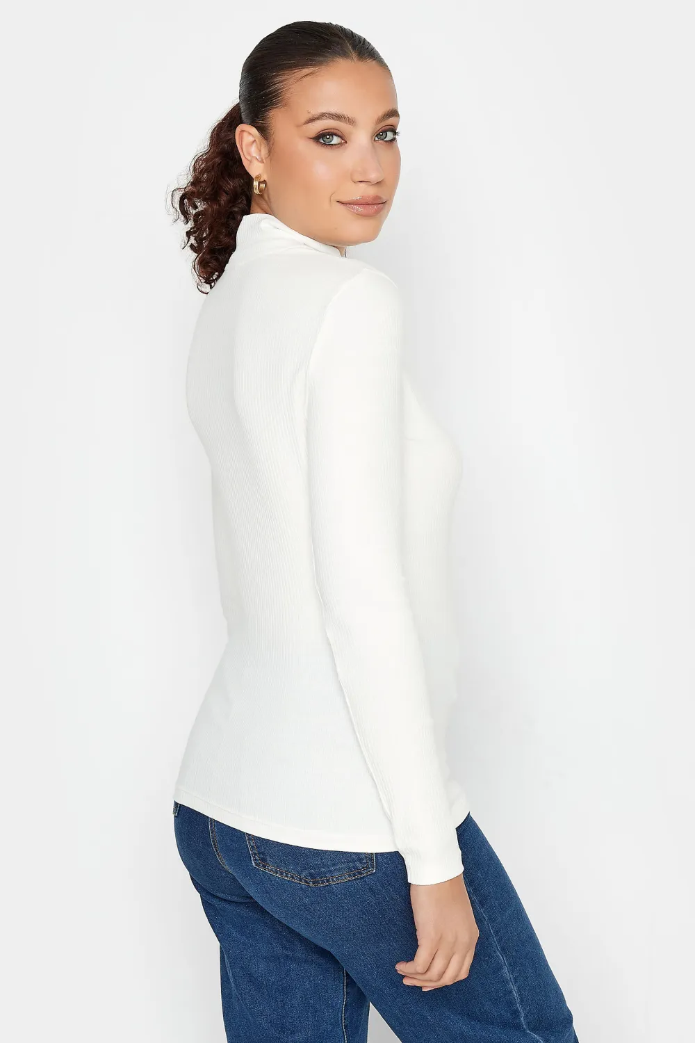 LTS Tall White Ribbed Roll Neck Top
