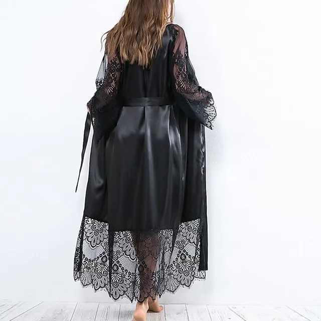 Women's Bathrobe Robes Gown Nighty Silk Kimono 1 PCS Pure Color Simple Casual Comfort Party Home Wedding Party Satin Gift V Neck Long Sleeve Lace Belt Included Summer Spring Black White