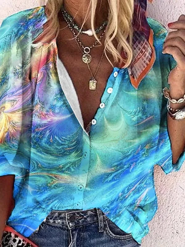 Women's Shirt Blouse Blue Green Floral Button Print Long Sleeve Casual Holiday Daily Basic V Neck Regular Fit Floral Fall & Winter