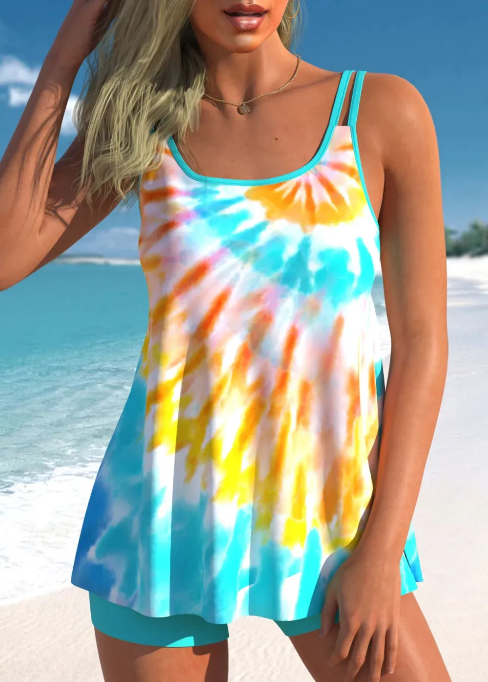 Light Green Tie Dye Print Swimdress and Shorts
