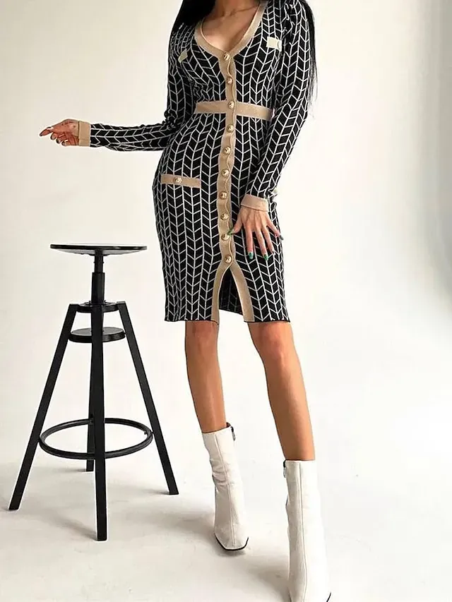 Women's Sweater Dress Jumper Dress Winter Dress Midi Dress Daily Casual Plaid Outdoor Home Casual Daily V Neck Long Sleeve Button 2023 Regular Fit Black khaki One Size
