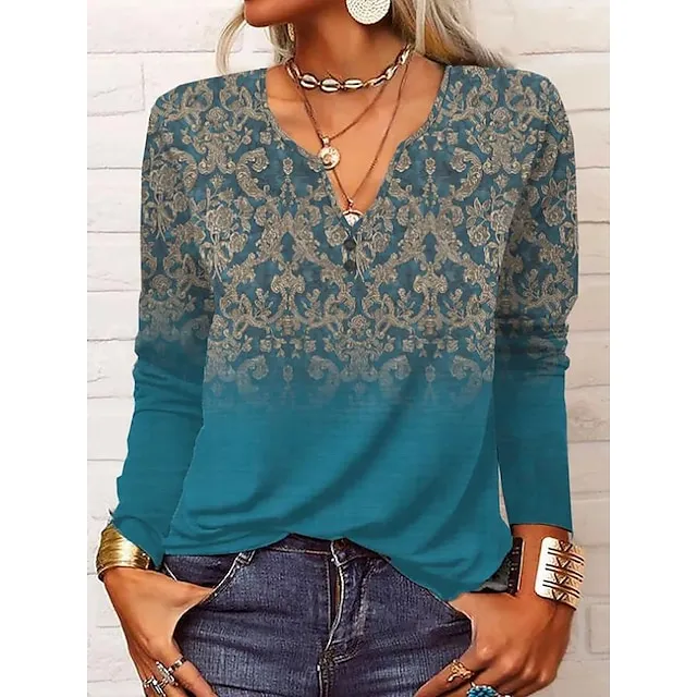 Women's Plus Size Shirt Blouse Black Pink Wine Paisley Color Gradient Vintage Button Print Long Sleeve Daily Casual V Neck Regular Fit Fall & Winter