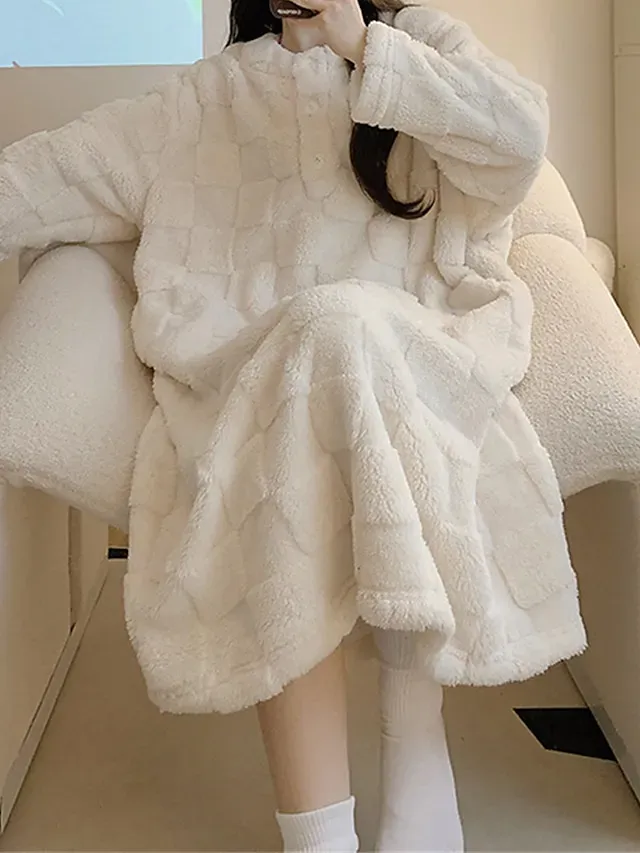 Women's Casual Dress Winter Dress White Dress Midi Dress Button Fleece Home Daily Vacation Fashion Modern Crew Neck Long Sleeve 2023 Loose Fit White Color M L XL 2XL Size