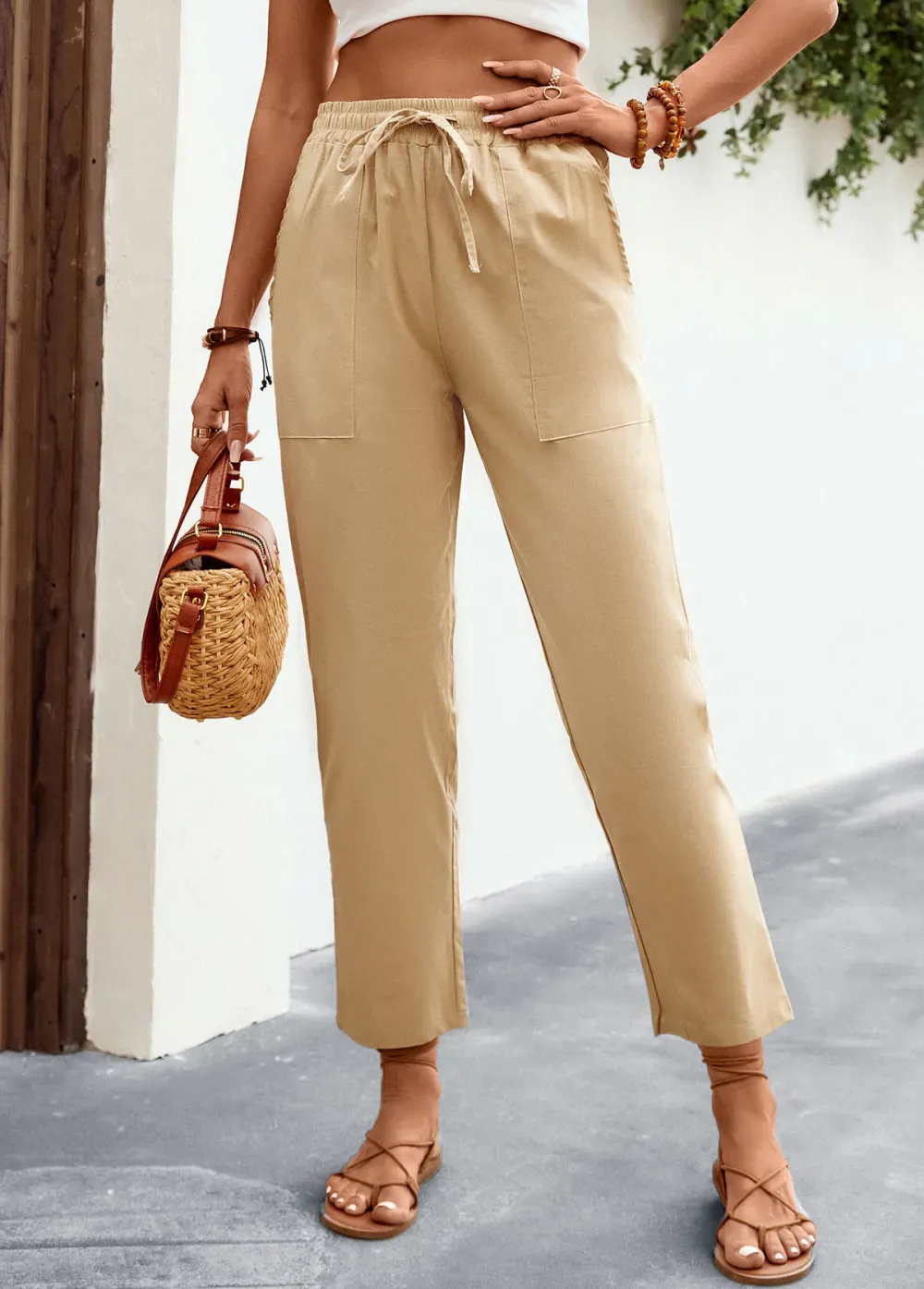 Light Camel Pocket Regular Elastic Waist Pants