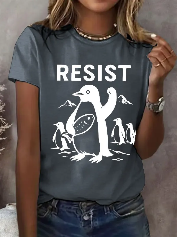 Women'S T-Shirt Women'S Penguins Resist Print Round Neck T-Shirt