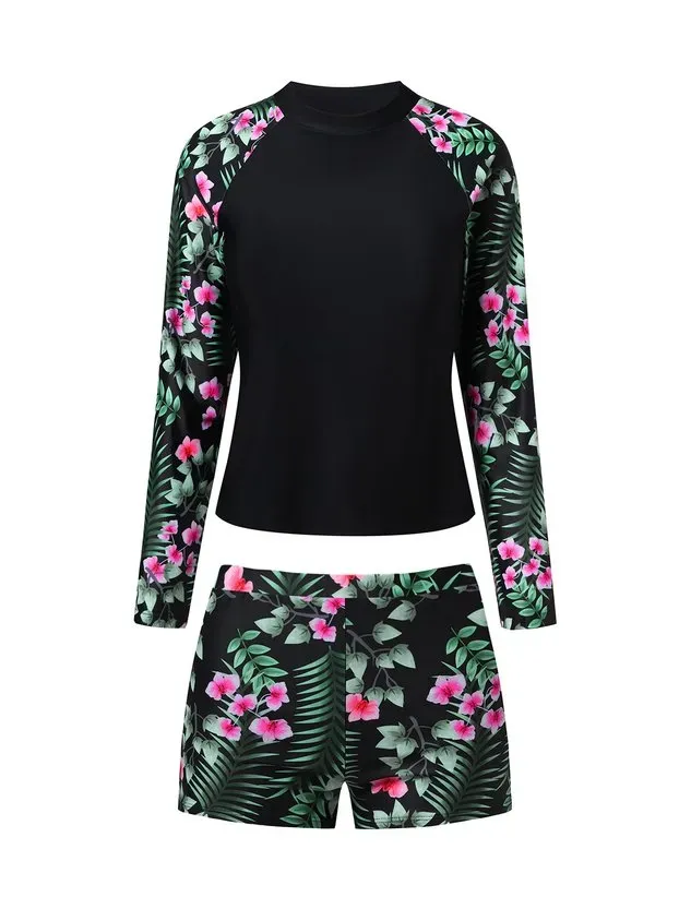 Sports Floral Printing Crew Neck Surf Suit