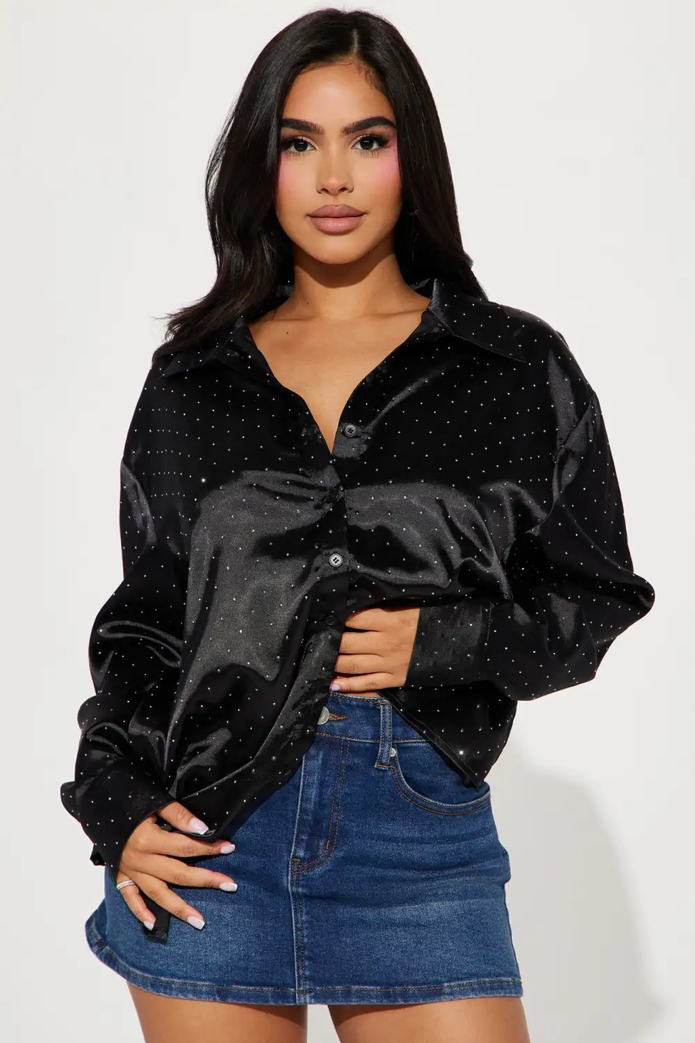 Moon Light Embellished Satin Shirt  - Black