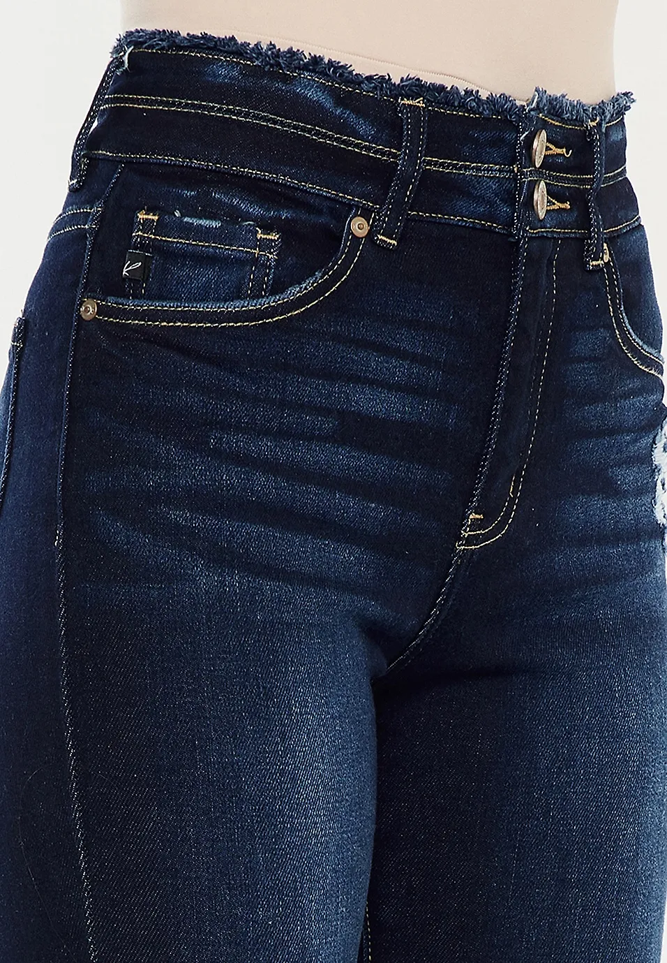 High Rise Double Button Fray Hem Flare Jean