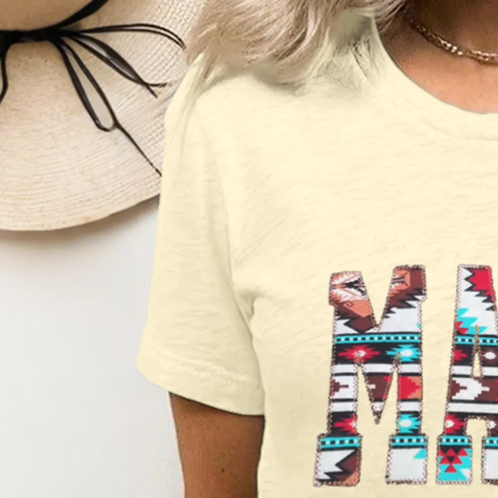 Women'S T-Shirt Cotton Alphabet Print Aztec Print T-Shirt Round Neck MAMA Short Sleeve