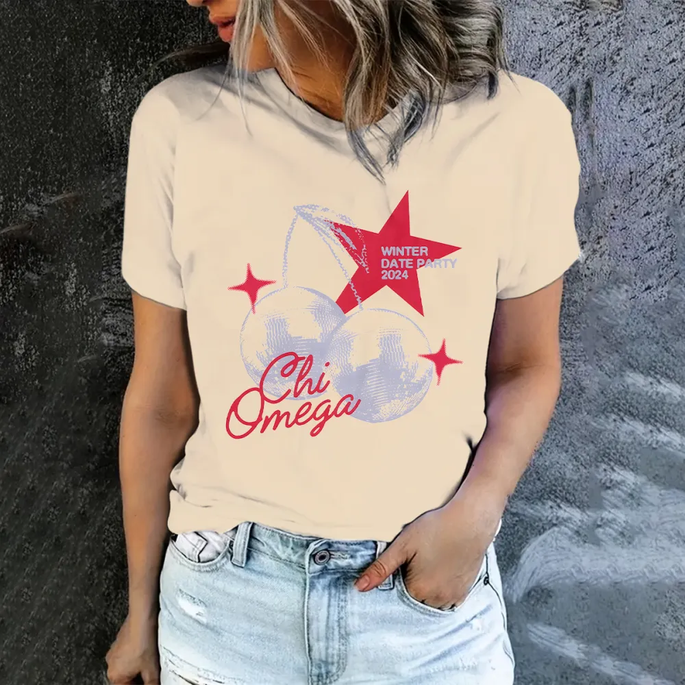 Retro Vintage Disco Ball Cherries Halftone Sparkles Star Script Winter Date Party Crew Neck T-shirt 02