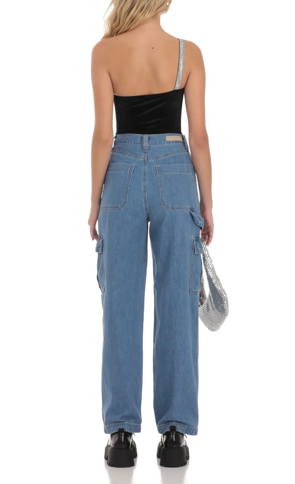 Wide Leg Cargo Jeans in Light Denim