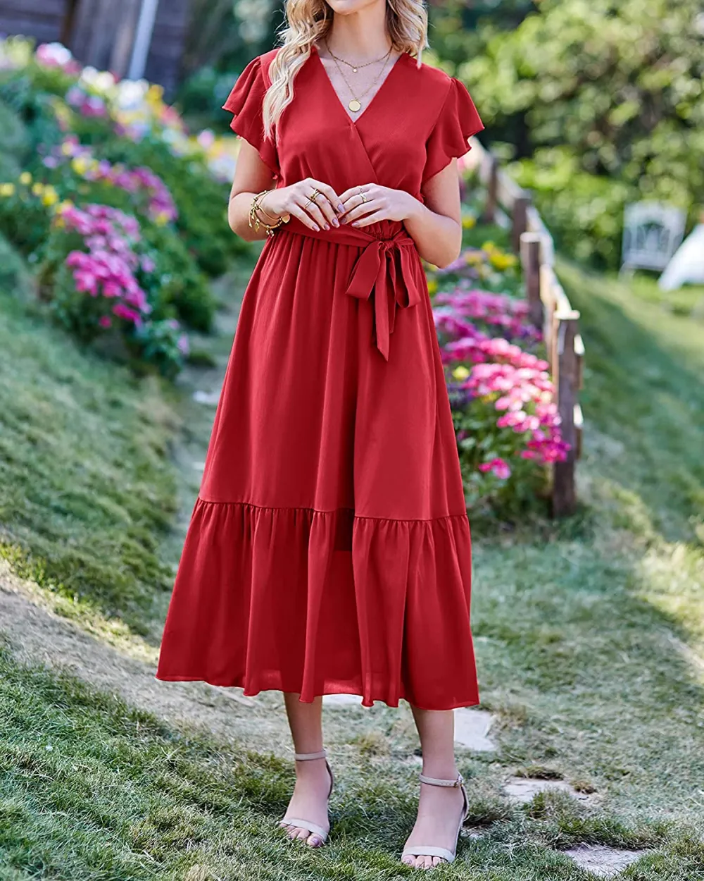 Women Summer Bohemian Floral Casual Wrap V Neck Ruffle Cap Sleeveless Belt A-Line Pleated Hem Swing Midi Sun Dress