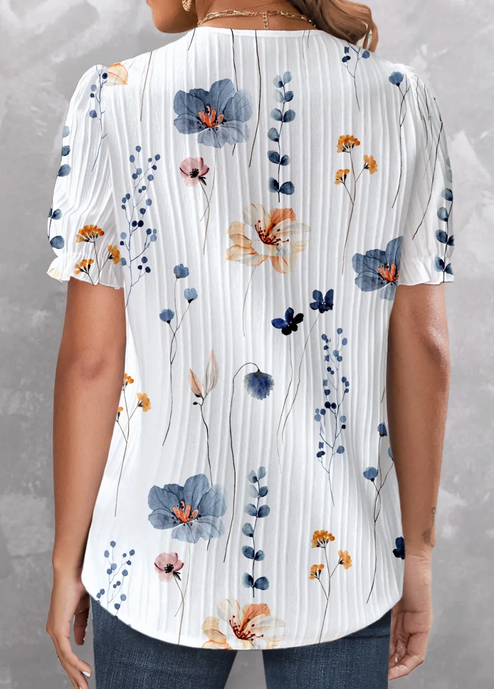 White Lace Floral Print Short Sleeve V Neck Blouse