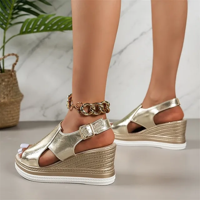 Women's Sandals Wedge Sandals Platform Sandals Ankle Strap Sandals Wedding Outdoor Summer Wedge Heel Fashion Elegant Minimalism PU Buckle Solid Color Silver Gold
