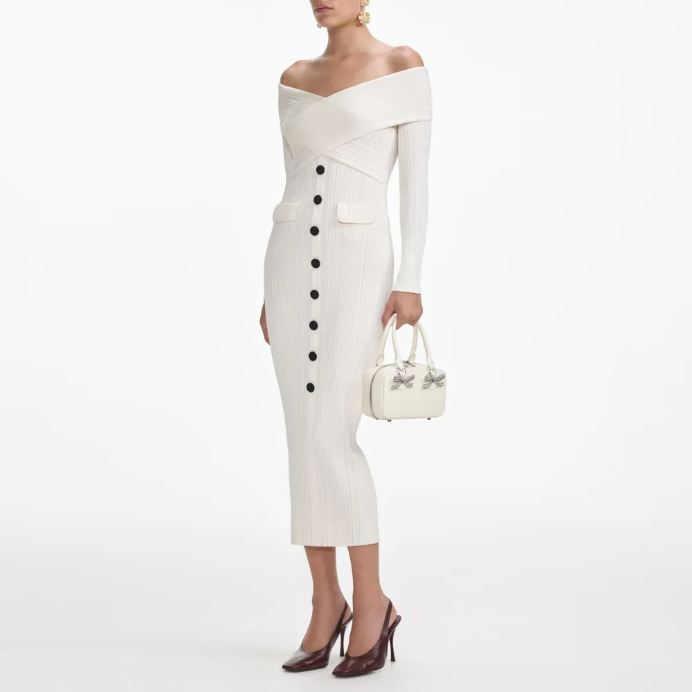 Cream Off Shoulder Knit Midi Dress