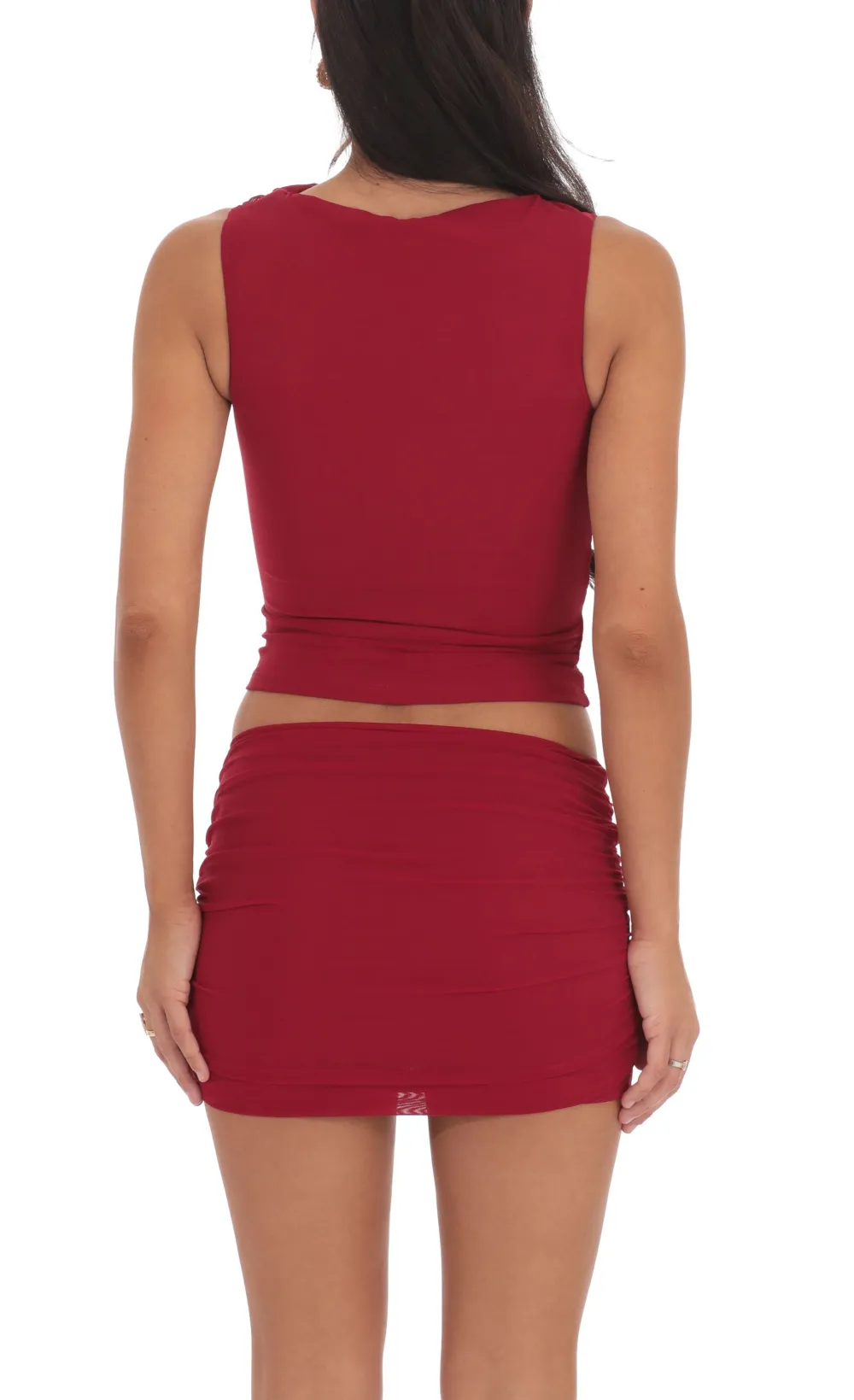 High Neck Mesh Two Piece Set in Red