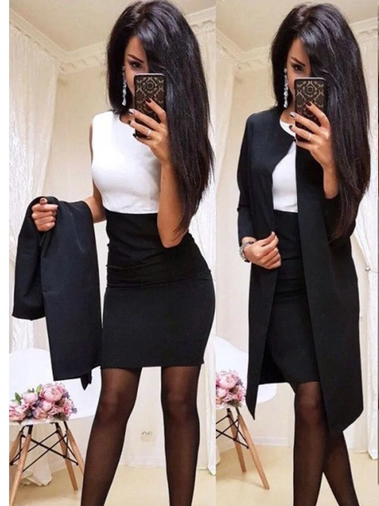 Long Sleeve Buttoned Blazer coat and Skirt Set
