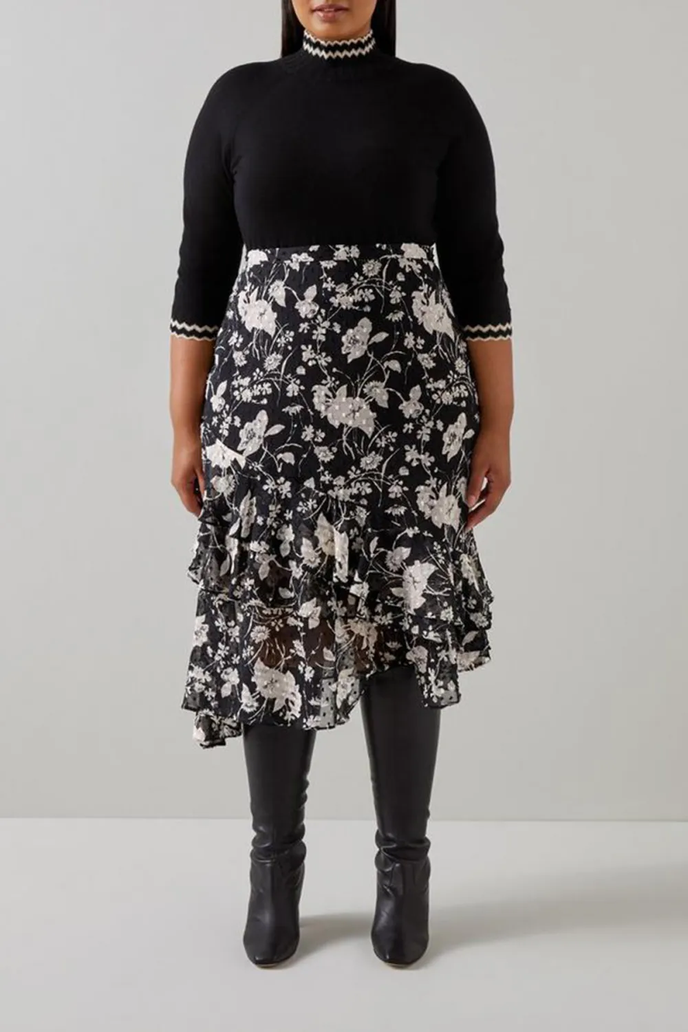 Black Cream Floral Print Tiered Midi Skirt