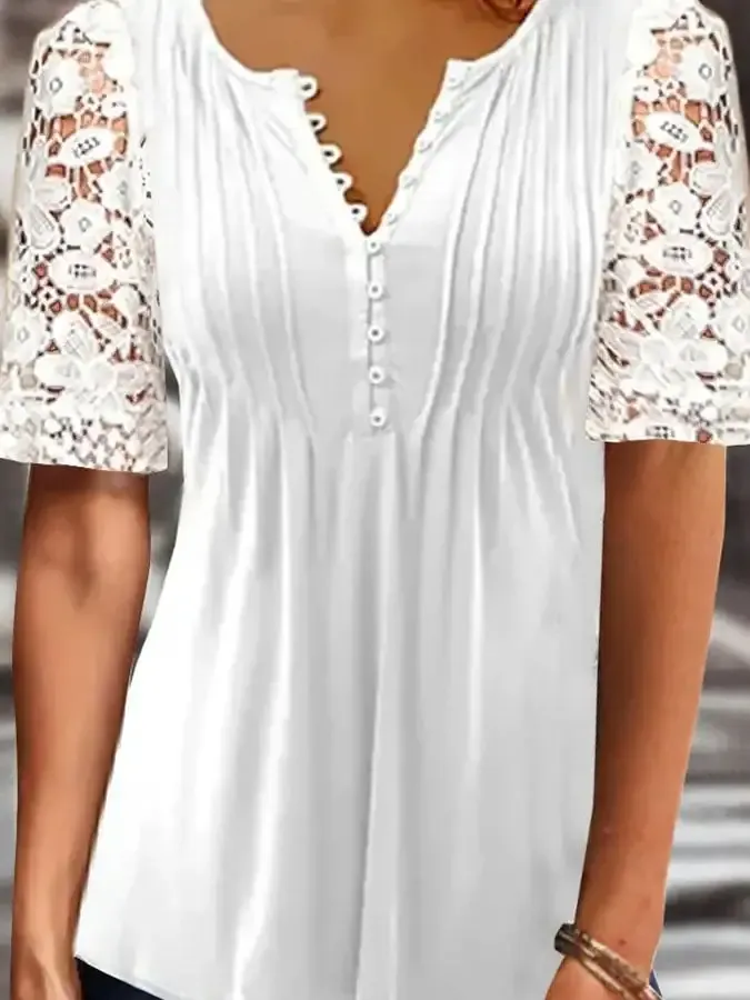 Lace Trim Panel Short Sleeve Top
