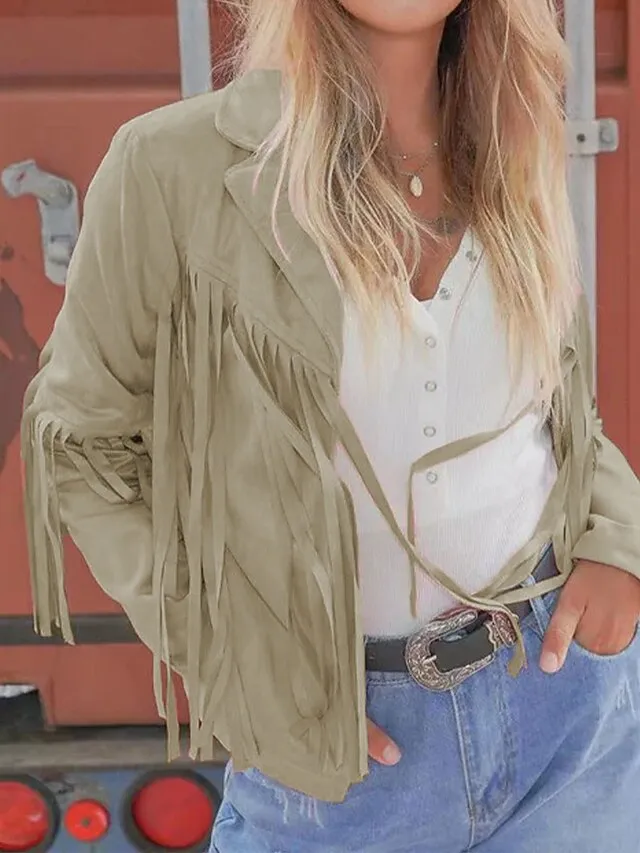 Women's Casual Jacket Going out Fall Tassel Fringe Rusty Regular Coat Regular Fit Breathable Bohemian Style Jacket Long Sleeve Solid ColorWhite Black