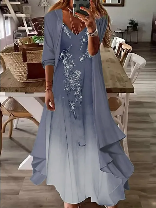 Women‘s Casual Dress Dress Set Two Piece Dress Long Dress Maxi Dress Blue Half Sleeve Print Ruched Summer Spring Fall V Neck Basic Daily Date 2023 S M L XL XXL 3XL