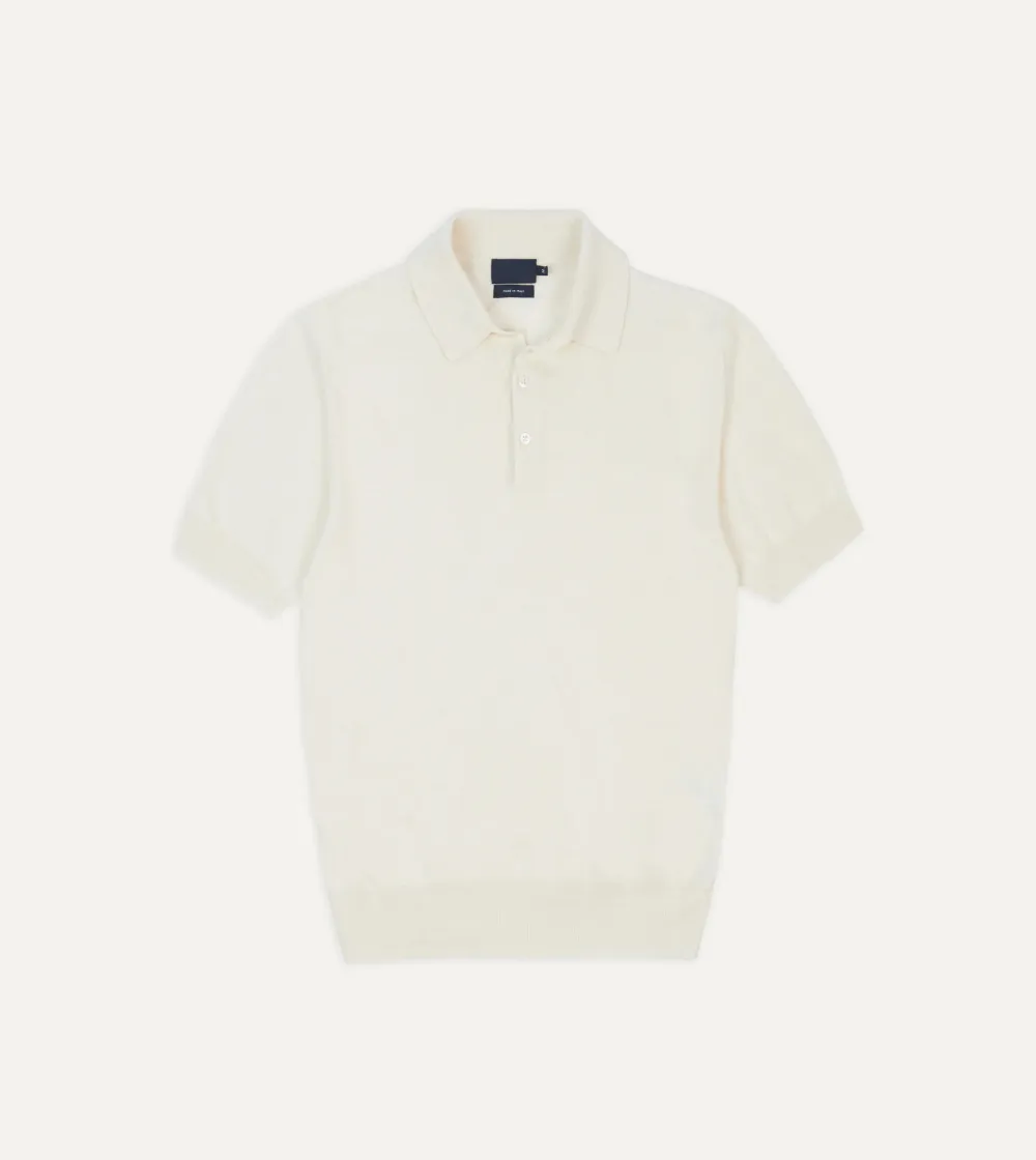 Ecru Knitted Crepe Cotton Short-Sleeve Polo Shirt Daily