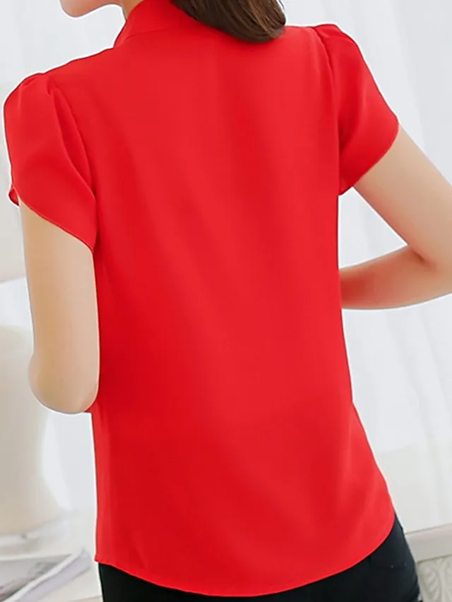Women's Shirt Blouse White Pink Red Plain Short Sleeve Work Casual Basic Elegant V Neck Regular Slim S