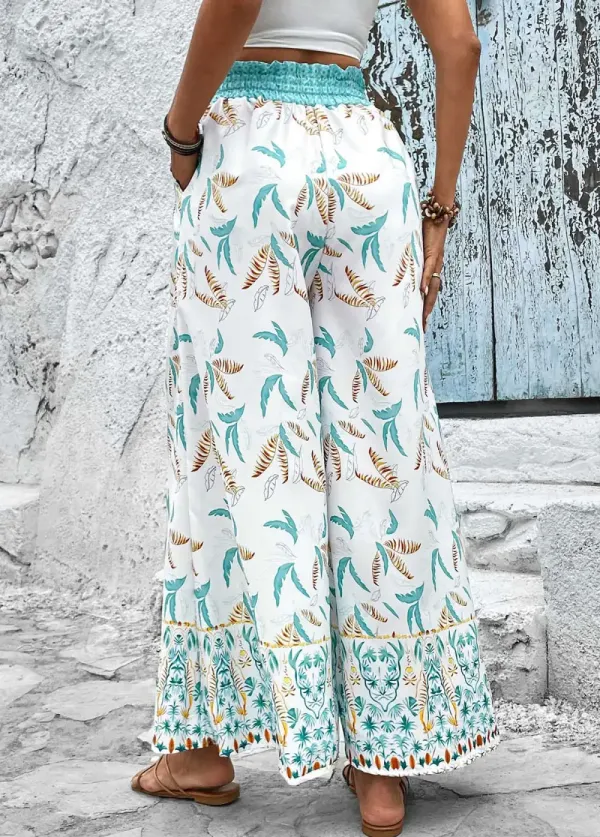 Mint Green Smocked Leaf Print Elastic Waist Pants