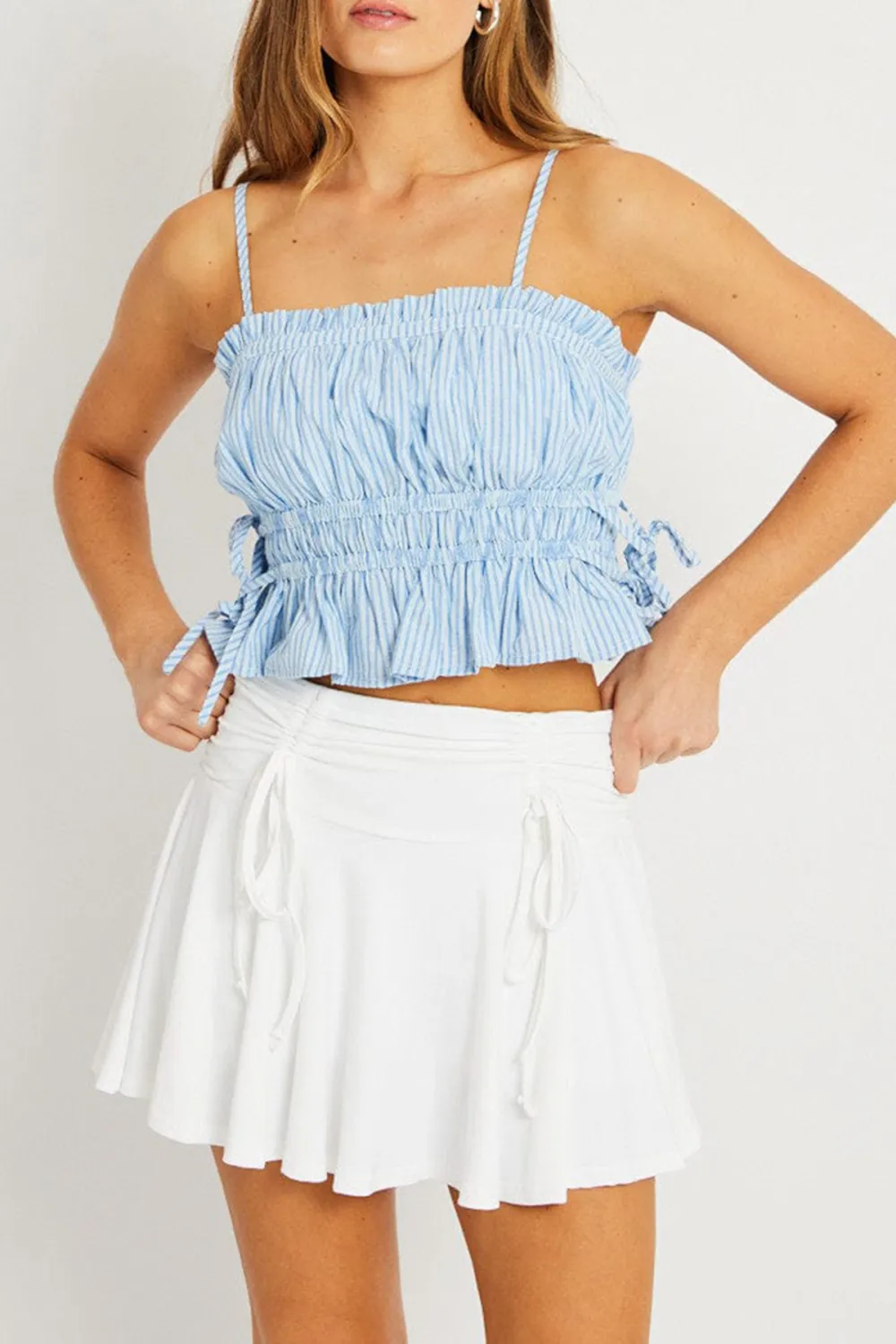 Blue Stripe Crop Top Sleeveless Ruched