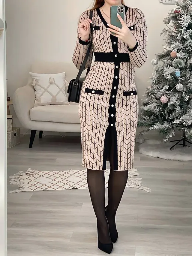 Women's Sweater Dress Jumper Dress Winter Dress Midi Dress Daily Casual Plaid Outdoor Home Casual Daily V Neck Long Sleeve Button 2023 Regular Fit Black khaki One Size