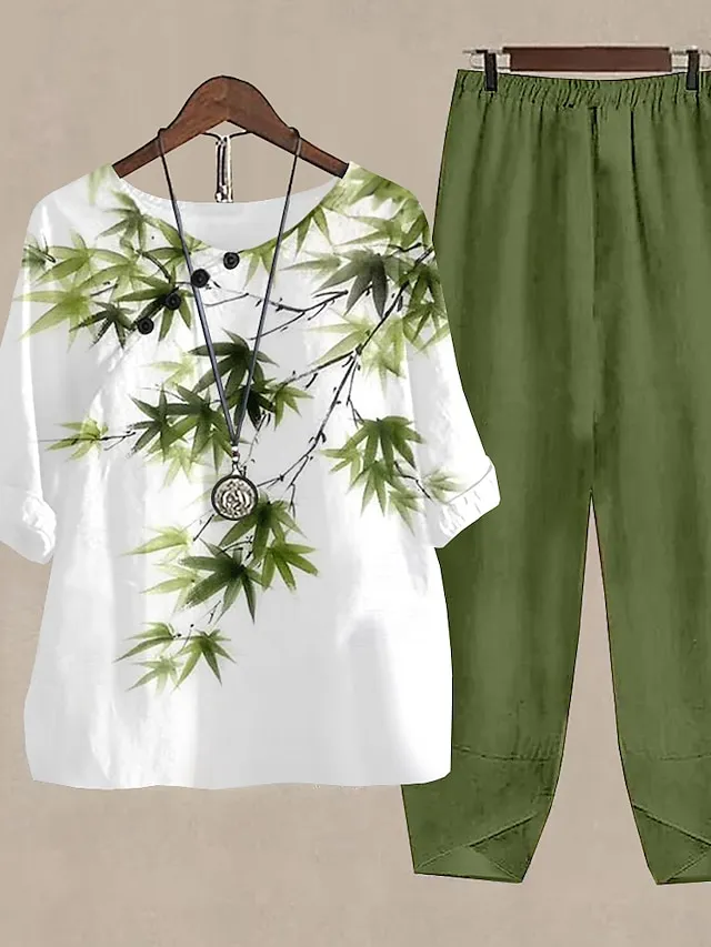 Women's Shirt Pants Sets Army Green Blue Purple Floral Print Half Sleeve Holiday Weekend Basic Round Neck Regular Fit Fall & Winter