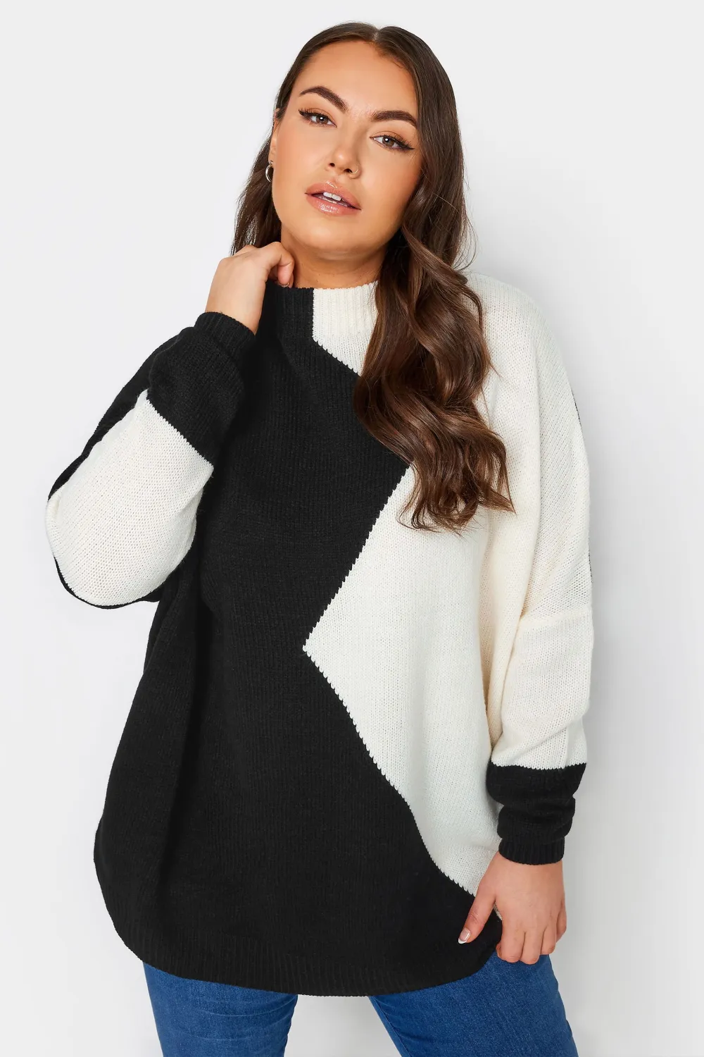 YOURS Curve Black & White Colourblock Knitted Jumper