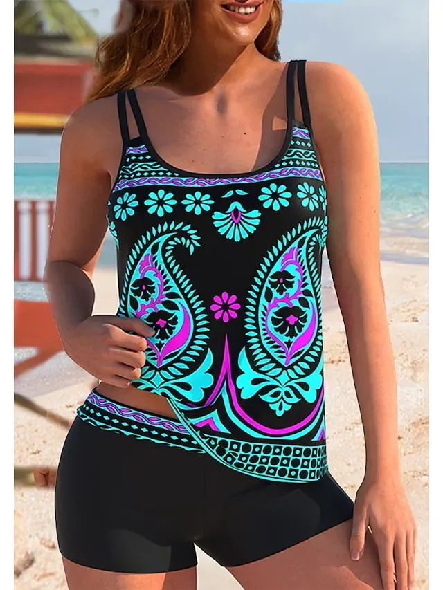 Women's Swimwear Tankini 2 Piece Plus Size Swimsuit 2 Piece Graphic Light Blue Yellow Blue Purple Rainbow Tank Top High Neck Bathing Suits Sports Summer