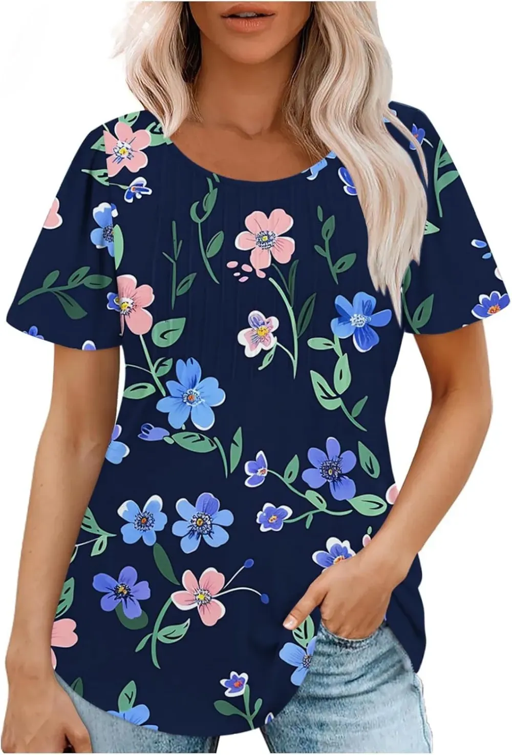 Womens Summer Pleated Front Shirts Tunics Casual Short Sleeved Loose Round Neck Boho Printed Tops Vacation Blouse