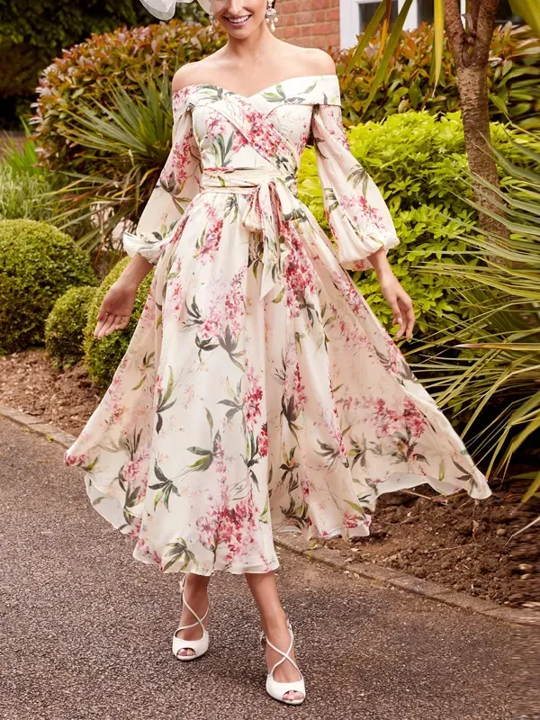 Off-Neck Long-Sleeved Printed Midi Dress