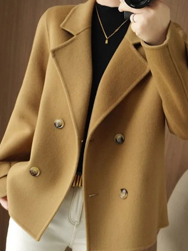 Women's Winter Blazer Coat Fall Double Breasted Lapel Jacket Wool Blend Short Coat with Pockets Warm Black White Camel