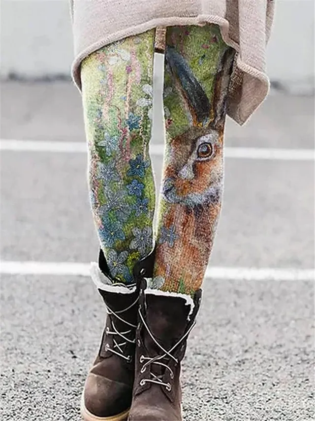 Women's Fleece Lined Leggings Warm Full Length Winter Leggings Print High Elasticity Mid Waist Fashion Tights Halloween Daily Colors Blue S M Winter