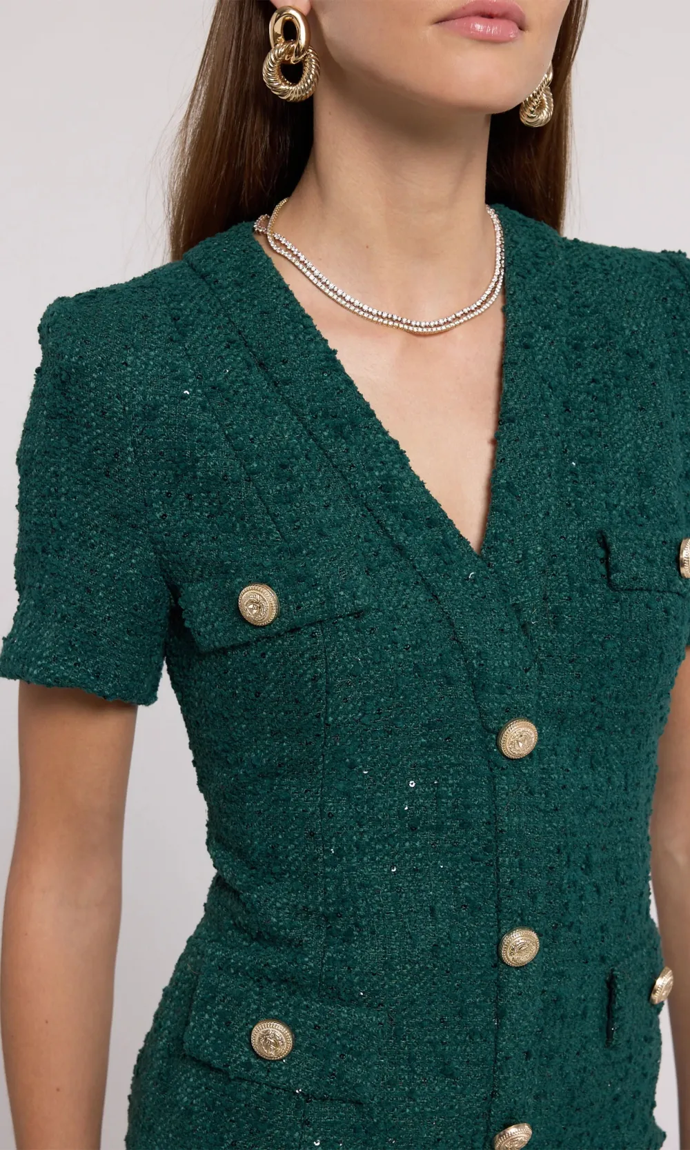 Tweed V-Neck Short Sleeve Dress