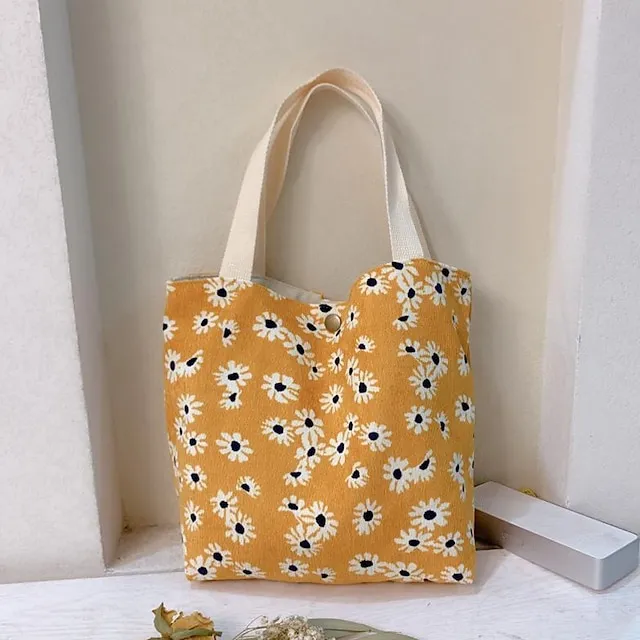 Women's Tote Tote Canvas Tote Bag Corduroy Shopping Daily Print Flower small green flowers Corduroy Blue Daisy Portable Corduroy Red Rose Portable
