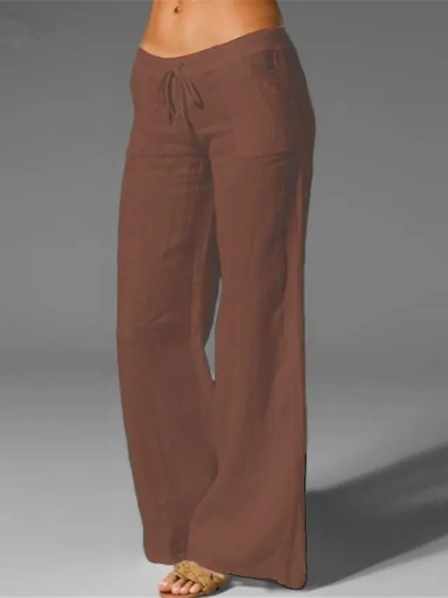 Women's Bootcut Culottes Wide Leg Chinos Cotton Faux Linen Solid Colored Baggy Mid Waist Lightweight Basic Wedding Daily Black White S M Spring &  Fall