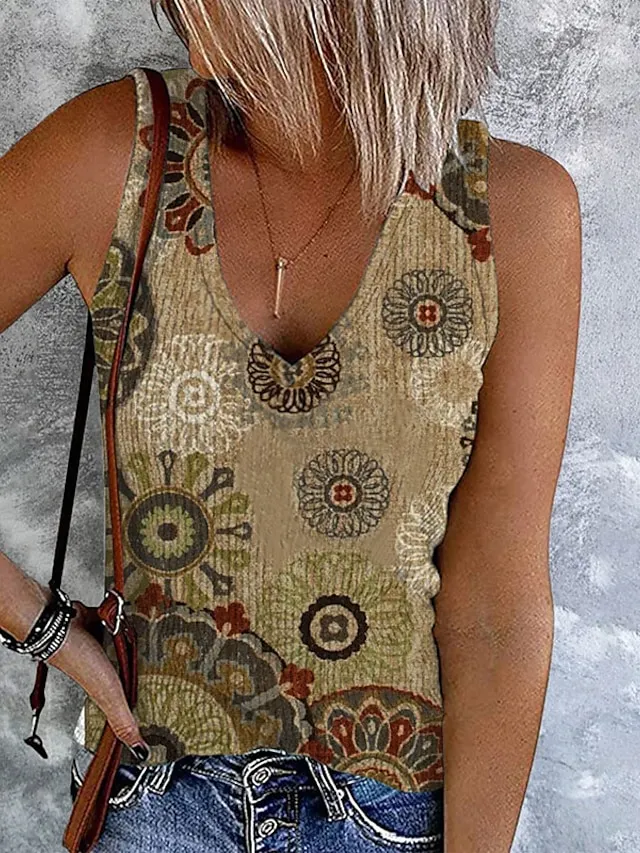 Women's Plus Size Tank Top Going Out Tops Vest Concert Tops Light Green Blue Khaki Floral Ethnic Button Print Sleeveless Holiday Streetwear Casual V Neck Regular Fit Floral