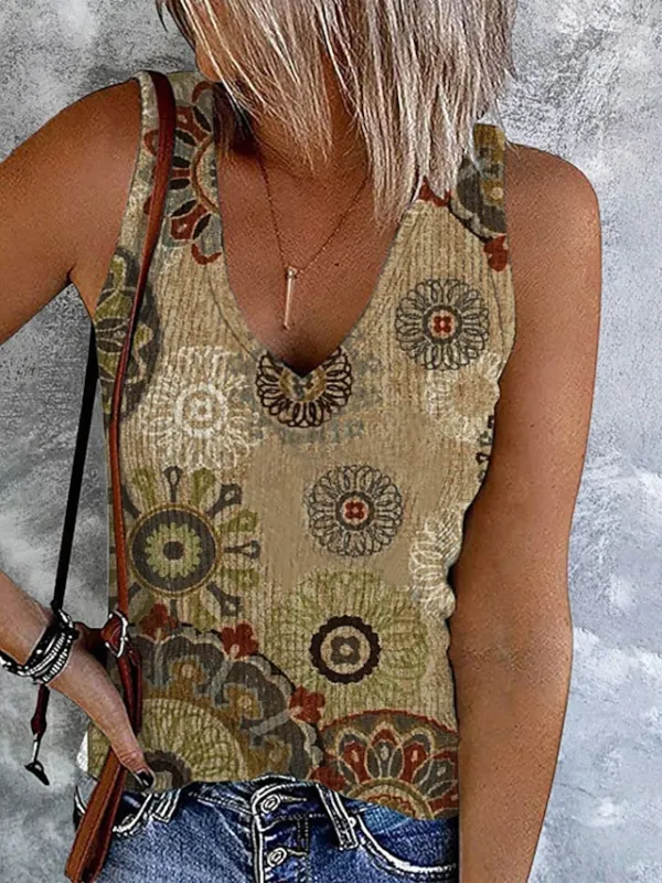 Women's Plus Size Tank Top Going Out Tops Vest Concert Tops Light Green Blue Khaki Floral Ethnic Button Print Sleeveless Holiday Streetwear Casual V Neck Regular Fit Floral