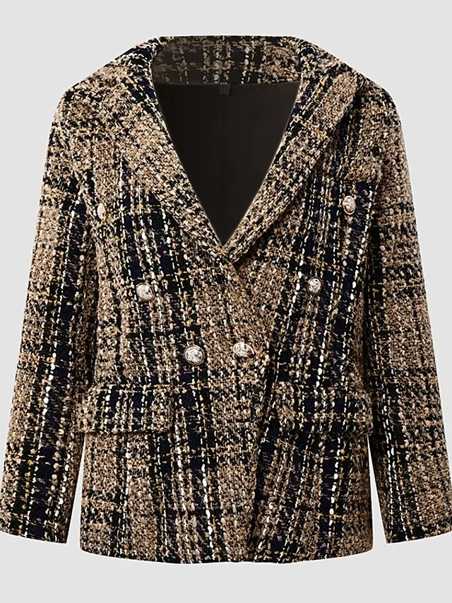Women's Blazer Tweed Maillard Plaid Long Sleeve Coat Fall Winter Business Double Breasted Regular Jacket Green Brown XL 2XL 3XL