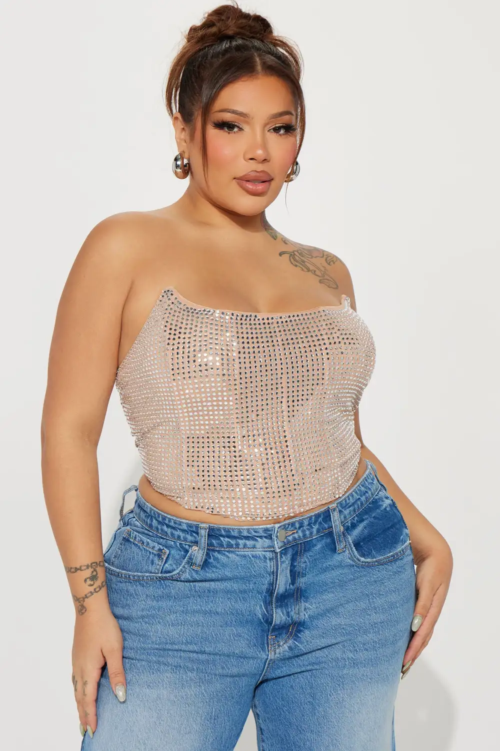 Rayna Rhinestone Mesh Corset Top - Nude shein